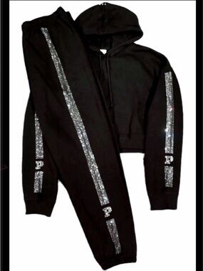 Victoria Secret Pink Black Hoodie & Jogger Set with Silver Rhinestone Stripes